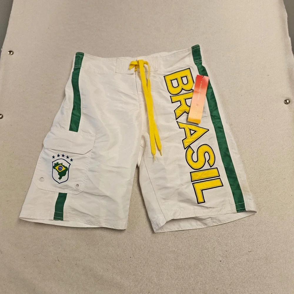 Brasil Men White Board Shorts Swim Trunks Green Yellow Size 34 NWT